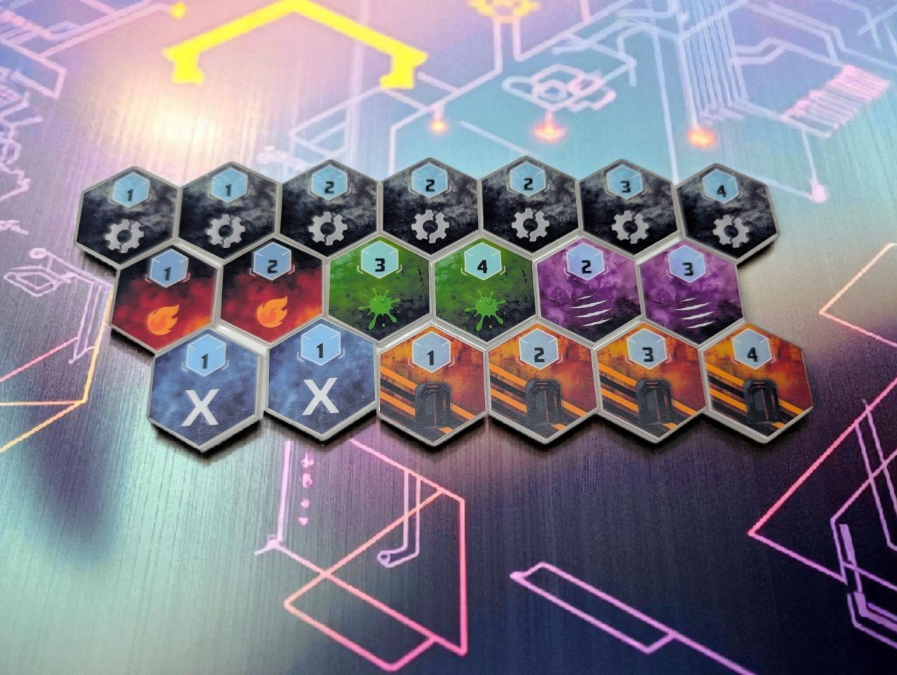 Nemesis Exploration Tokens – 19 Acrylic Hex Token Upgrade Set