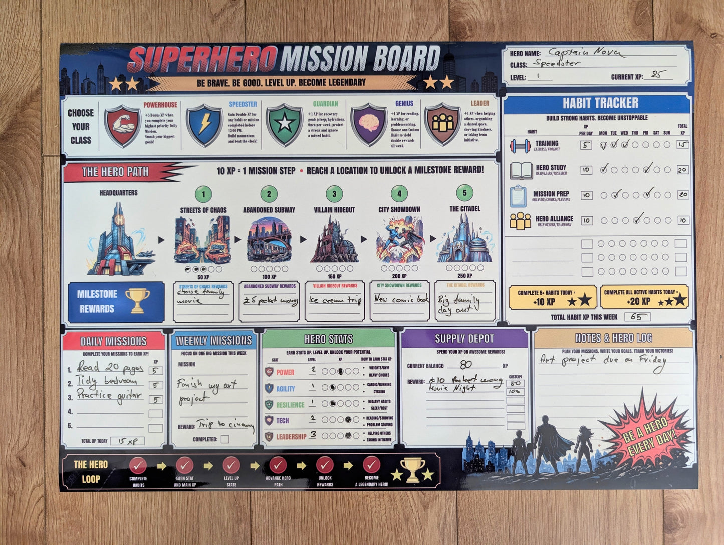 Superhero Mission Board – Reusable A2 Dry Erase Habit Tracker
