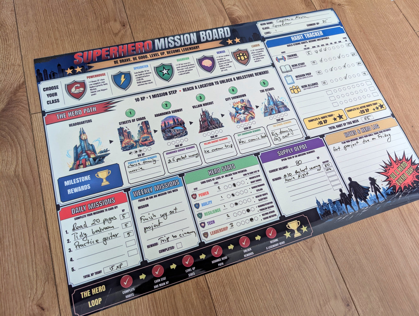 Superhero Mission Board – Reusable A2 Dry Erase Habit Tracker