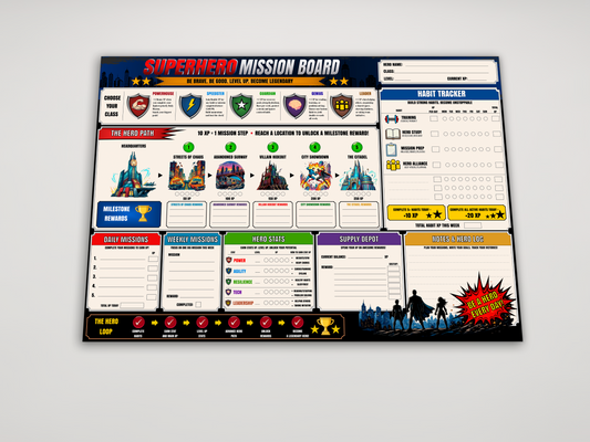 Superhero Mission Board – Reusable A2 Dry Erase Habit Tracker