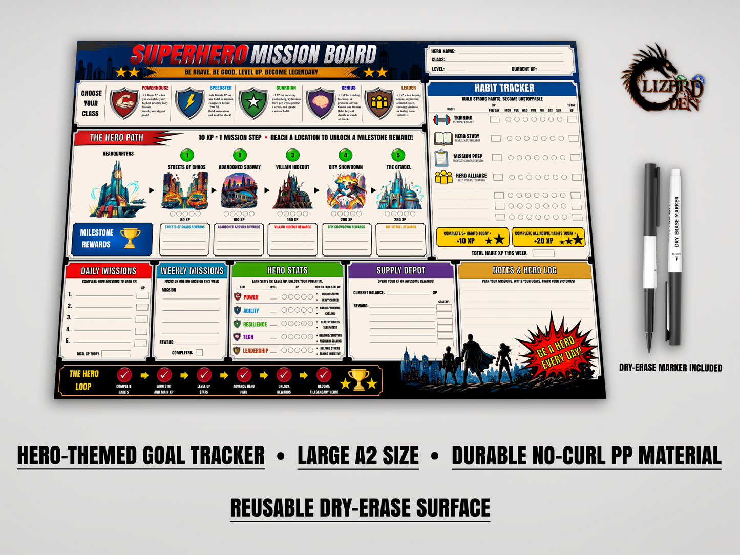 Superhero Mission Board – Reusable A2 Dry Erase Habit Tracker